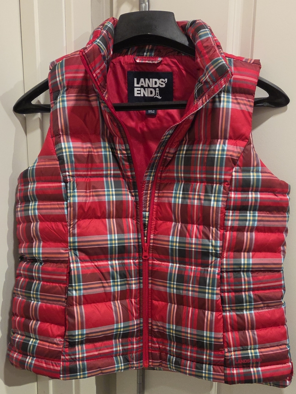Lands' End Red Plaid Quilted Womens Vest